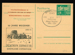 DDR Privat Ganzsache PP 10 Pfennig Grün Philatelistenverband, 50 Jahre Wegener Station Eismitte Grönland Expedition SST - Privatpostkarten - Gebraucht