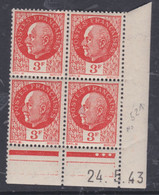 France N° 521 XX : Type Maréchal Pétain : 3 F. Orange  En Bloc De 4 Coin Daté Du 24 . 5 . 43 ; 3 Pts Blancs Sans Ch., TB - 1940-1949