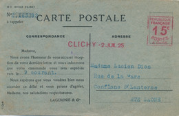 EMA A0466 15c Sur Carte Postale Grands Magasins Du Printemps - CLICHY 2 Juil 25 - Tarif CP Accusé Réception - EMA (Empreintes Machines à Affranchir)