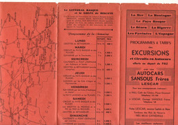 Programmes & Tarifs Des Excursions Et Circuits En Autocars Au Départ De Pau Autocars Sansous Frères Lescar 1954 - Programme