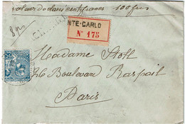 REF CTN75(1) - MONACO LETTRE CHARGEE JANVIER 1916 - Briefe U. Dokumente