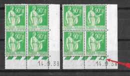 CD Du 90c Paix Vert Neufs Avec Trace De Charnière, 2 Blocs Même Date 14.9.38 Mais Variété - 1930-1939