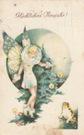 Butterfly Fairy Mushrooms Frog Neujahr New Year Old Postcard 1935 - Papillons