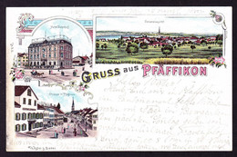 1899 Gelaufene Litho AK Gruss Aus Pfäffikon Mit Bahnstempel Nach Nussbaumen. 3 Bildrig Mit Hotel Bahnhof - Pfäffikon