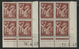 N° 431 IRIS 2 Blocs De 4 Neufs ** (MNH) Coins Datés Du 16/4/40 Et Du 25/5/40 - 1930-1939