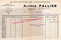 87 - CHALUS - FACTURE ALFRED PALLIER -MANUFACTURE CONFECTIONS  1933- M. LAMBERT ROUTE LALINDE BERGERAC - Transporte