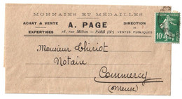 Bande D'imprimé PAGE Monnaies Et Médailles Dest Commercy 10c Semeuse Vert Yv 159 - 1877-1920: Semi Modern Period