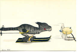 CHAT - Illustrateur ALEX - Ski, Position De L'œuf, Ventilateur, Soufflerie - écrite En 1988 - Chats