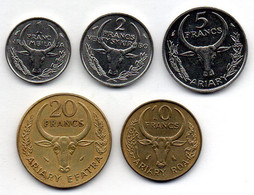 MADAGASCAR, Set Of Five Coins 1, 2, 5, 10, 20 Francs, Steel, Aluminum-Bronze, Year 1965-81, KM #8, 9, 10, 11, 12 - Madagascar