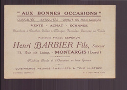 Carte De Visite " Barbier Fils " Aux Bonnes Occasions, Curiosités, Antiquités, Montargis - Cartoncini Da Visita