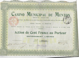 1912 CASINO MUNICIPAL DE MENTON SIEGE SOCIAL Menton Action De 100 Frs B.E. - Casino