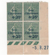 France - YT 247 - Semeuse 50c + 25c Caisse D'amortissement - Coin Daté 1927 De 4 Timbres Neufs - Unused Stamps