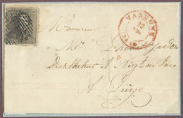 N°1 - Epaulette 10 Centimes Brune, B/TB Margée, Obl. P.129 Sur Devant De Lettre De WAREMME le 15 Novembre 1849 Vers Lièg - 1849 Schulterklappen