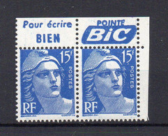 !!! 15 F MARIANNE DE GANDON, PAIRE AVEC BANDES PUB POINTE BIC NEUVE ** - Unused Stamps