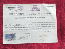 1906 Emprunt RUSSE 6%-☛Action & Titre-☛Renouvellement Feuilles Coupons Paris 1924-Fiscal-Perforé - Russia