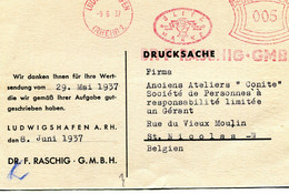 1937 Card From DR. F. RASCHIG Gmbh Ludwigshafen - Red Machine Cancellation - BLITZ MARKE - Chemische Fabrik - Cartas