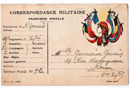 MILITARIA. 14-18 CORRESPONDANCE MILITAIRE. 6 DRAPEAUX AUTOUR D'une TETE De MARIANNE. SECTEUR POSTAL 92.  POUR ROUEN (76) - Oorlog 1914-18