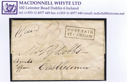 Ireland Carlow 1836 Letter To Castlecomer Paid '3' With Boxed POST PAID/AT CARLOW, Backstamped CARLOW MY 27 1836 - Prefilatelia