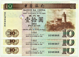 MACAU -  3 X 10 Patacas - 16.10.1995 - Pick 90 - Unc. - Serie BE - Banco Da China Lighthouse Macao PORTUGAL - Macao