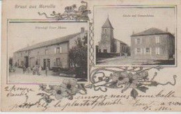 (57) Gruss Aus MORVILLE (132h)  Deux Vues : Wirschaft Victor Niclaus / Kirche Und Gemeindehaus - Autres & Non Classés