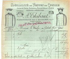 75- PARIS- FACTURE A. THIBAUT-MAISONNEUVE NEVEU & DUCHEMIN-CHEMISES BONNETERIE-CUISINE TOQUE-12 RUE COQUILLIERE-1910 - Kleidung & Textil