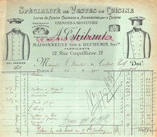 75- PARIS- FACTURE A. THIBAUT-MAISONNEUVE NEVEU & DUCHEMIN-CHEMISES BONNETERIE-CUISINE TOQUE-12 RUE COQUILLIERE-1910 - Kleding & Textiel