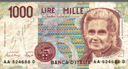 Billet De Banque Usagé Ayant Circulé - BANCA D'ITALIA - 1000 Lire MILLE LIRE - DH 662992 D - M. MONTESSORI - ITALIE 1990 - 1000 Liras