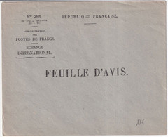 1926 - ENVELOPPE FEUILLE D'AVIS Des POSTES De FRANCE - ECHANGE INTERNATIONAL - NEUVE - Lettres Civiles En Franchise