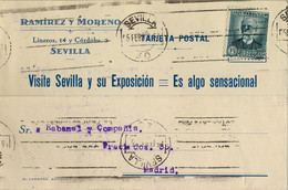 1932 , SEVILLA , TARJETA COMERCIAL CIRCULADA A MADRID . VISITE SEVILLA Y SU EXPOSICIÓN , RAMÍREZ Y MORENO - Storia Postale