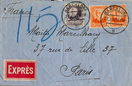 1933 , BARCELONA , SOBRE CIRCULADO A PARIS , ETIQUETA DE CORREO EXPRÉS , FECHADOR " BORDEAUX A PARIS "  , LLEGADA - Storia Postale