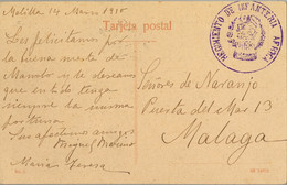 1910 , MELILLA , T.P. CIRCULADA A MÁLAGA , MARCA DE FRANQUICIA " REGIMIENTO DE INFANTERIA AFRICA " , LLEGADA - Briefe U. Dokumente