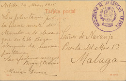 1910 , MELILLA , T.P. CIRCULADA A MÁLAGA , MARCA DE FRANQUICIA " REGIMIENTO DE INFANTERIA AFRICA " , LLEGADA - Brieven En Documenten