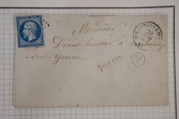 AH10 FRANCE BELLE LETTRE 1860 COULANGES+ N° 14 BLEU +CACHET A+ AFFRANCH. INTERESSANT - 1853-1860 Napoleon III