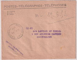 1952 - ENVELOPPE De SERVICE PTT CENTRAL TELEPHONIQUE De MONTPELLIER CENTRAL (HERAULT) ! - Cartas Civiles En Franquicia