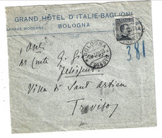 1909 Busta Pubblicitaria Albergo Grand Hotel D'Italie - Baglioni Bologna Treviso. Michetti 15 Cent. Fortemente Spostato - Marcofilía