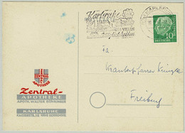 Deutsche Bundespost 1957, Postkarte Karlsruhe An Firma Kräuterpfarrer Künzle Freiburg, Naturheilkunde / Naturopathy - Pharmacy