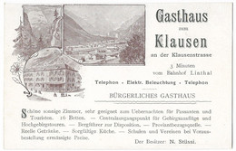 LINTHAL: Gasthaus Zum Klausen, Werbe-AK ~1900 - Linthal