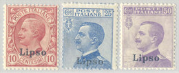 ITALIA ISOLE DELL'EGEO LIPSO 1912 10, 25, 50 C. (Sass. 3, 5, 7) NUOVI INTEGRI ** - Egeo (Lipso)