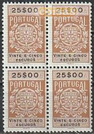 Fiscal/ Revenue, Portugal - Estampilha Fiscal, Série De 1940 -|- 25$00 - Block MNH** - Ungebraucht