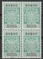 Fiscal/ Revenue, Portugal - Estampilha Fiscal, Série De 1940 -|- 80$00 - Block MNH** - Nuevos