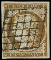 EMISSION DE 1849 - 1c   10c. Bistre-VERDATRE FONCE, Obl. GRILLE, Nuance Vive, TTB - 1849-1850 Cérès