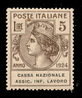 Regno - Enti Parastatali - 1924 - 5 Lire Cassa Inf. Lavoro (23) - Gomma Integra - Ottimamente Centrato (750) - Other & Unclassified