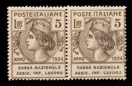 Regno - Enti Parastatali - 1924 - 5 Lire Assic. Inf. Lavoro (23 Varietà + 23c) - Coppia Orizzontale - O Rotta Nel Pezzo  - Other & Unclassified