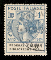 Regno - Enti Parastatali - 1924 - 1 Lira Biblioteche Pop. (37) Usato A Roma - Ottimamente Centrato - Other & Unclassified