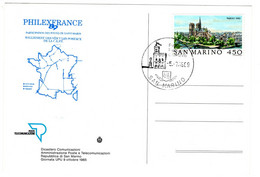 Carte Repiquée Pour PHILEXFRANCE 89 Participation Des Postes De Saint Marin Ralliement Des Véhicules Postaux 5/7/1989 - Storia Postale