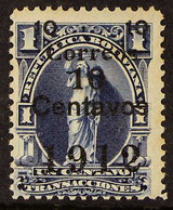 1912 10c On 1c Blue SURCHARGE IN BLACK Variety (Scott 101d, SG 129b), Fine Mint, Centred To Lower Left, Fresh, Expertize - Bolivia