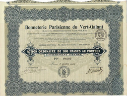 Titre Ancien -Bonneterie Parisienne Du Vert-Galant - Anciennement Etablissements Corpelet -Titre De 1923 - - Textile