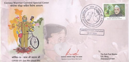 India 2020 Carried Cover Corona Warrior COVID-19 Signed By Mail Carrier Vaccination Virus Mask Coronavirus (**) Inde - Storia Postale