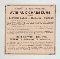 Chemin De Fer D'Orléans Avis Aux Chasseurs Ligne De Paris Etampes Beaune La Rolande Bourges - Unclassified