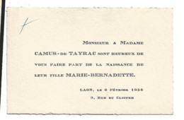 (4494)  Faire Part De Naissance MARIE BERNADETTE  CAMUS DE TAYRAC 1938 - Birth & Baptism